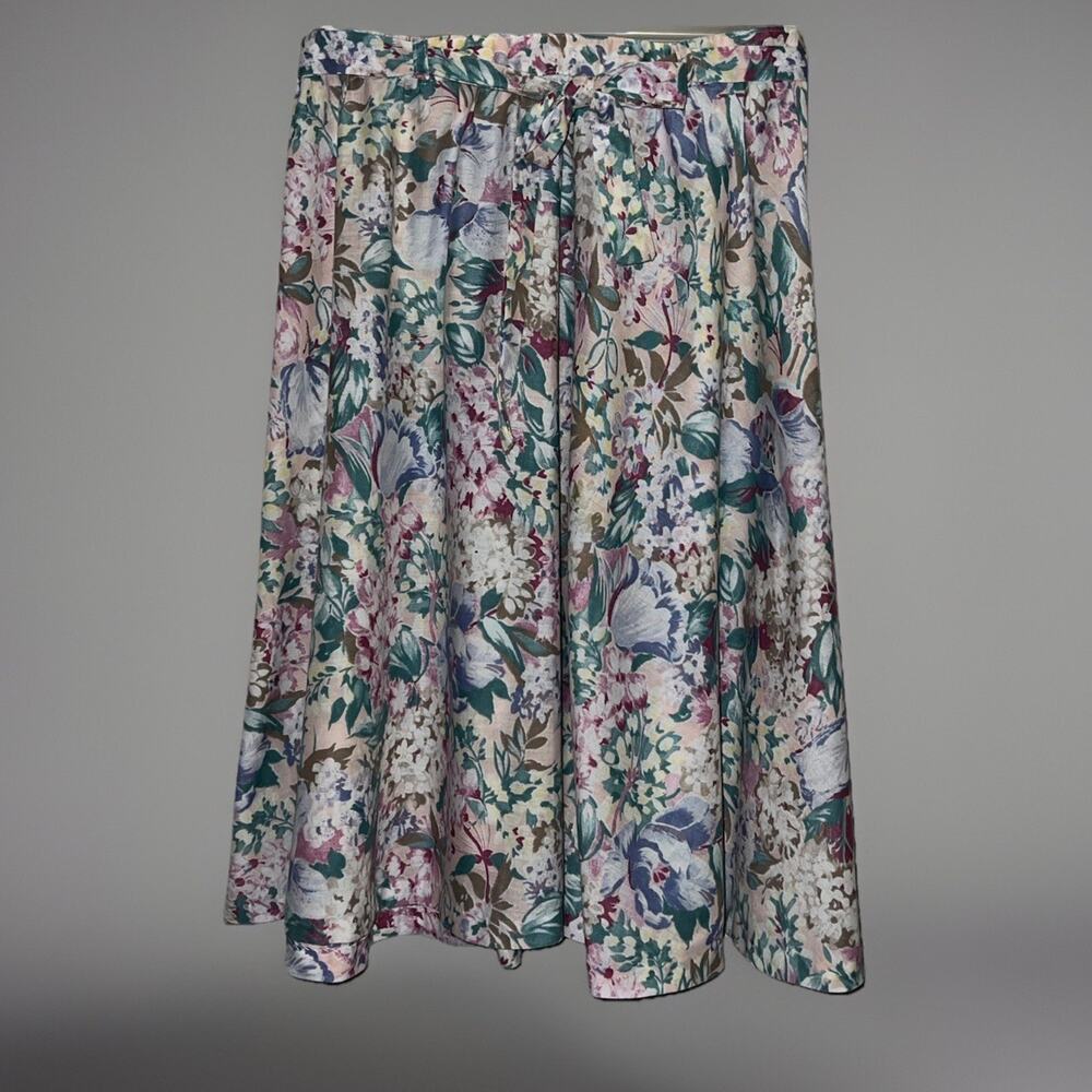 Vtg Floral Skirt Gathered Waist w/Belt Tie Pink Teal Purple Tan Cottagcore -Sz S